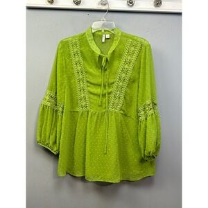Cato Blouse Womens L Green‎ Clip Dot Lace Crochet Boho Tie Neck Peplum Top Sheer